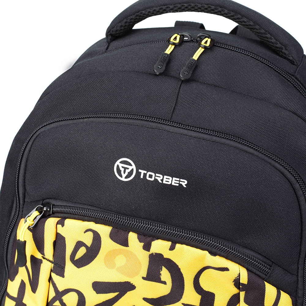 TORBER Рюкзак TORBER CLASS X, черно-желтый с принтом, 46 x 32 x 18 см + Мешок для сменной обуви в подарок! Арт.: T9355-22-BLK-YEL-M