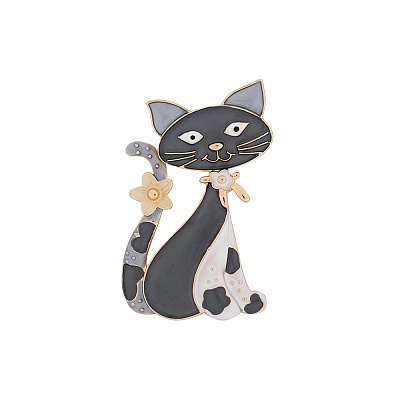 Брошь  Кот с цветком XZ0713.2 BW/G 