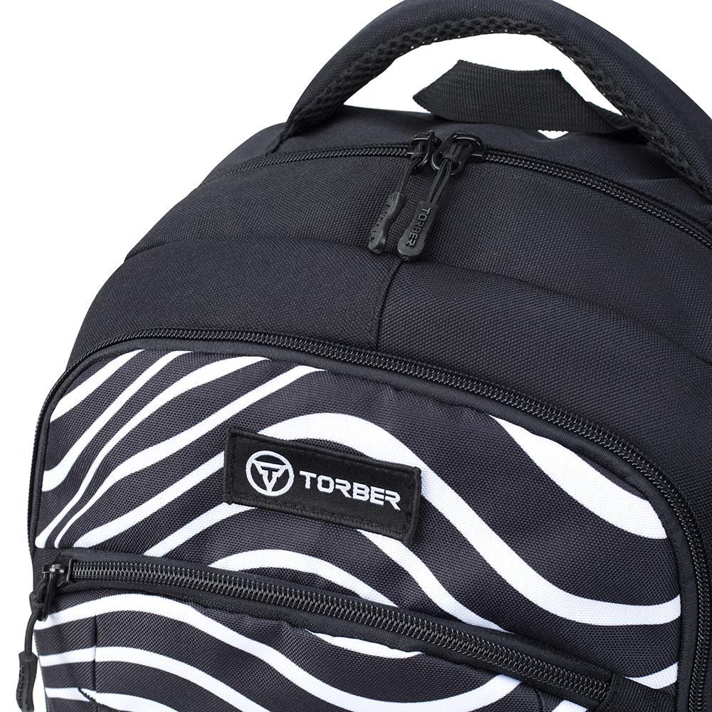 TORBER Рюкзак TORBER CLASS X, черный с принтом "Зебра", 46 x 32 x 18 см+ Мешок для сменной обуви в подарок! Арт.: T9355-22-ZEB-M